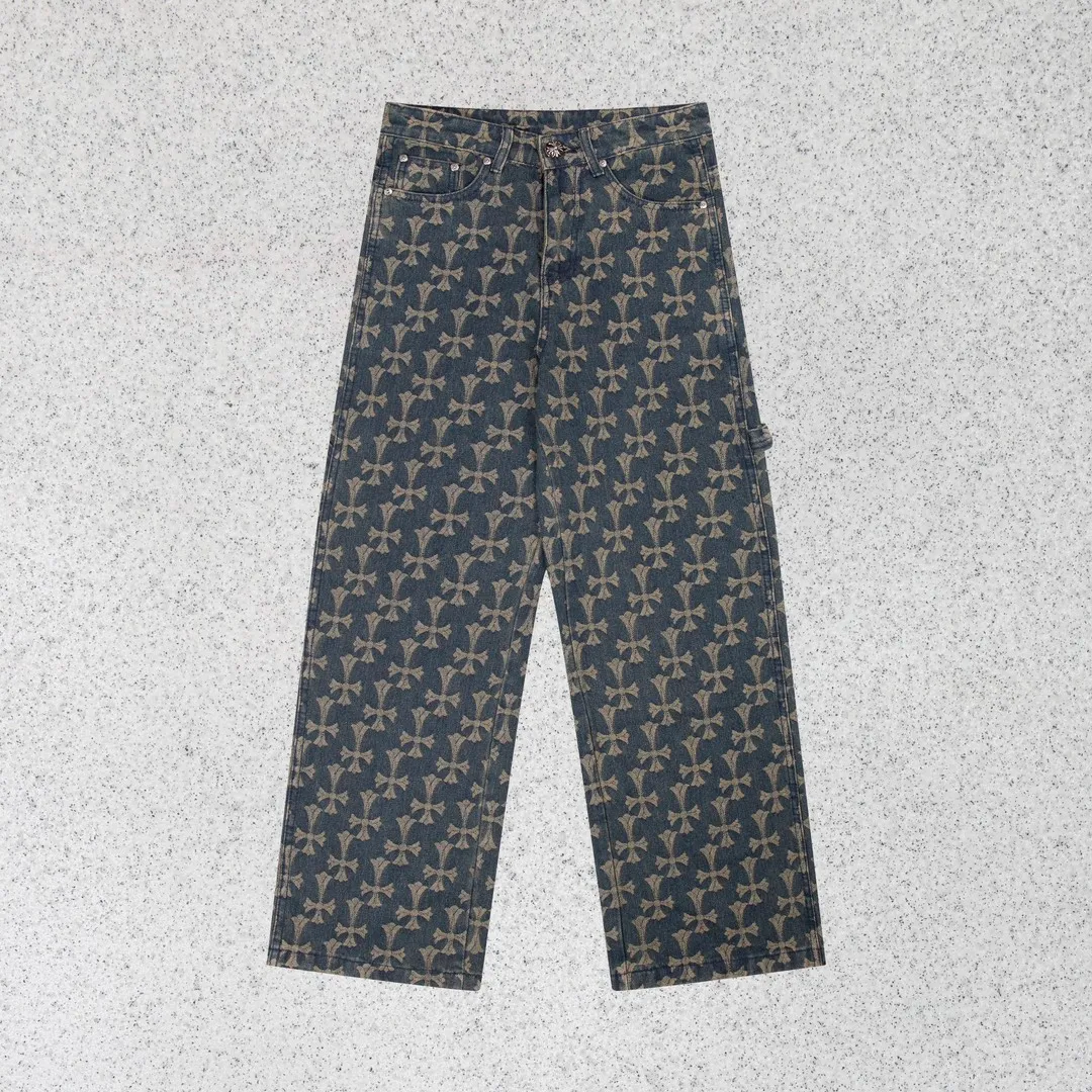 P240 Style No.: H586 Chrome Hearts double-sided full-logo jacquard dark pattern heavy-duty full-print cross jeans. The same model as the Internet celebrity star. Cross-printed denim jacket. The unique cross design element and full print are full of design. It is made of 100% denim cotton fabric with heavy coarse yarn count, which ensures a stiff and tough silhouette while being soft, comfortable and breathable. The lapel is designed with silver buttons and is full of texture. The classic white cross logo is all over the dress, making it a perfect versatile style for spring and summer! Customized jacquard fabric, you can wear it in various styles. This gender-neutral shirt is a must-have for nightclubs. It can be worn as a jacket for both men and women. It can be easily worn by both men and women! The original loose version is made of high-quality pure cotton fabrics. The fabric pattern is high-definition and delicate without burrs. It is comfortable and breathable to wear. All the buttons are molded and customized. It is casual and fashionable and can be matched with any bottoms. It can be windproof and sunproof in spring and summer. It can be worn outside in autumn and winter! Easily concave shape makes you look slimmer and taller, perfect for both men and women! Customized main label, accessories, fully washable, whole body wiring, quality control, no heads!  Luxurious dark high street, Hollywood's luxury brand, 22SS's latest couple's leather cross short-sleeved T-shirts, all reflect their own unique style! Made of thick black cotton, goatskin appliqués, hand-sewn custom metal hardware, and silicone varnish printing, multiple materials collide to create a unique texture. It also incorporates ChromeHearts medieval-style Sanskrit fonts and classic horseshoes, creating a unique and charming dark texture under the graceful arcs and all-black shadows, full of artistic sense!